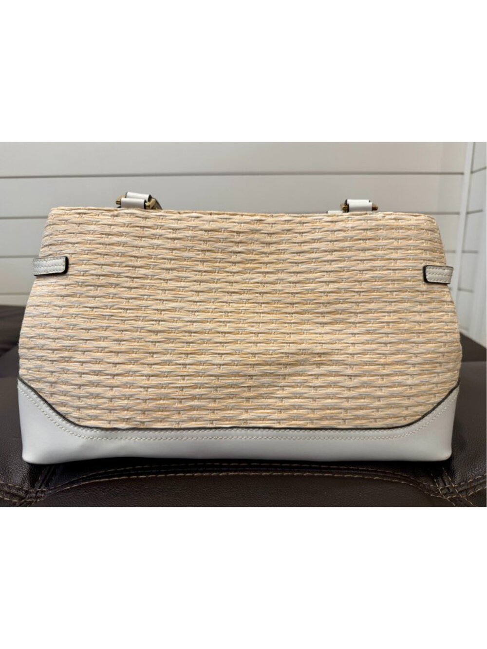 Etienne Aigner Woven Straw Shoulder Bag White Tan Gold Paisley 3690 - Picture 4 of 16